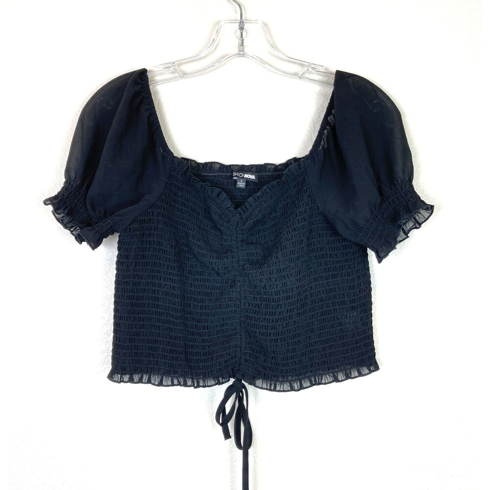 Fashion Nova Women's Smocked Crop Top Size L Black Mesh Puff Sleeves